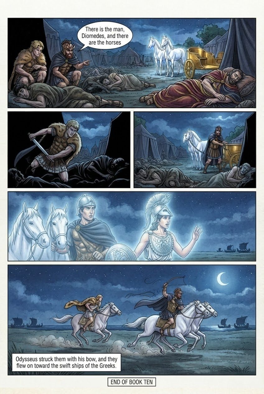 The Iliad, Book 10, manga page 4 of 4: The night raid of Odysseus and Diomedes; Dolon and the white horses of Rhesus.