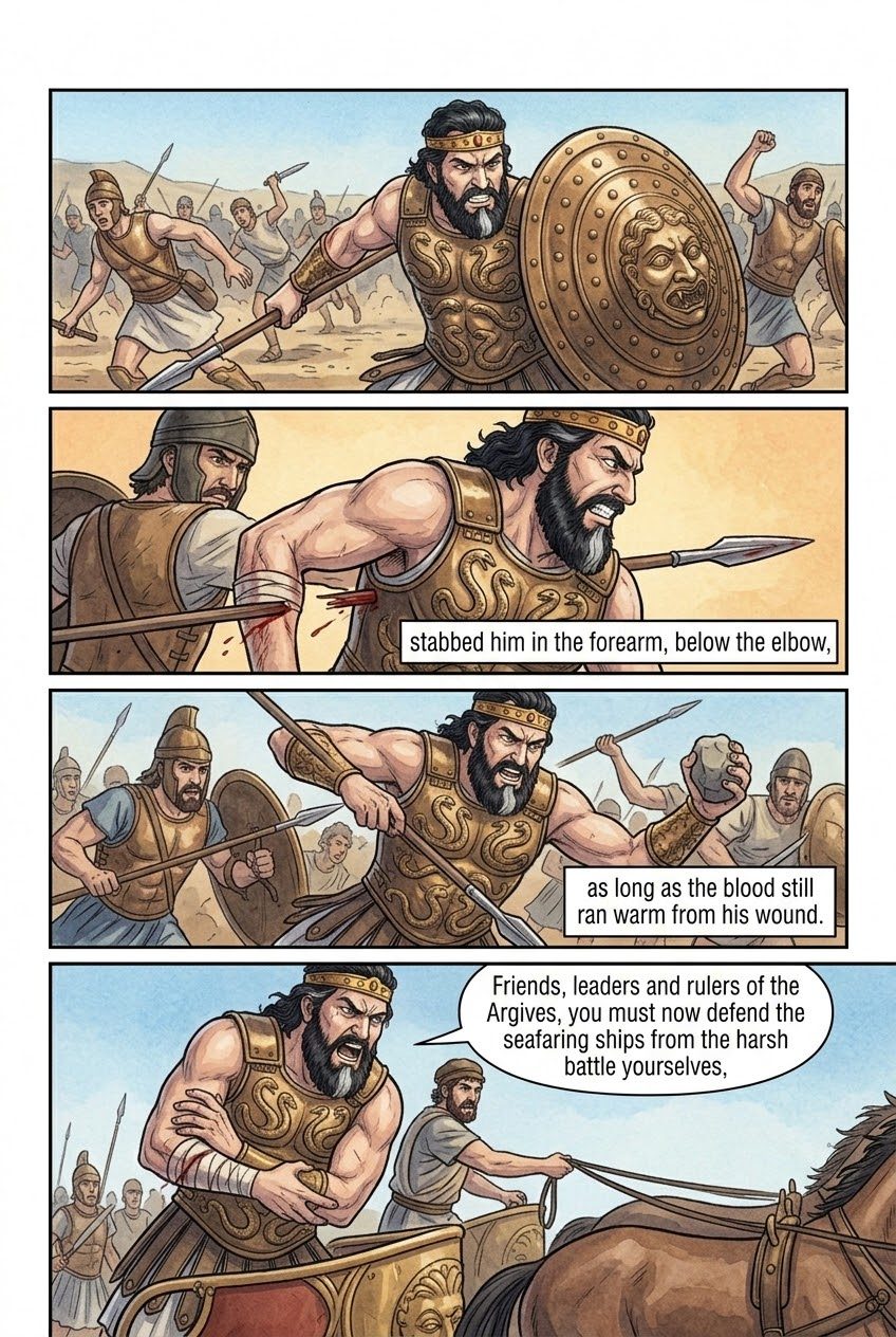 The Iliad, Book 11, manga page 2 of 5: Agamemnon is wounded, Paris shoots Diomedes, and Nestor sends Patroclus to Achilles.