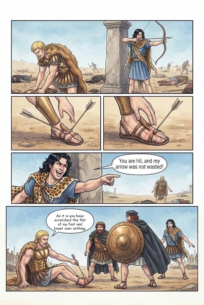 The Iliad, Book 11, manga page 3 of 5: Agamemnon is wounded, Paris shoots Diomedes, and Nestor sends Patroclus to Achilles.