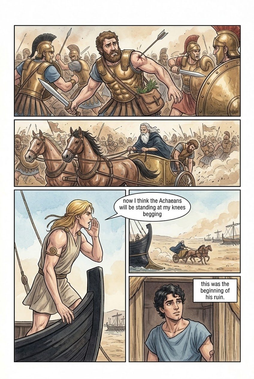 The Iliad, Book 11, manga page 4 of 5: Agamemnon is wounded, Paris shoots Diomedes, and Nestor sends Patroclus to Achilles.