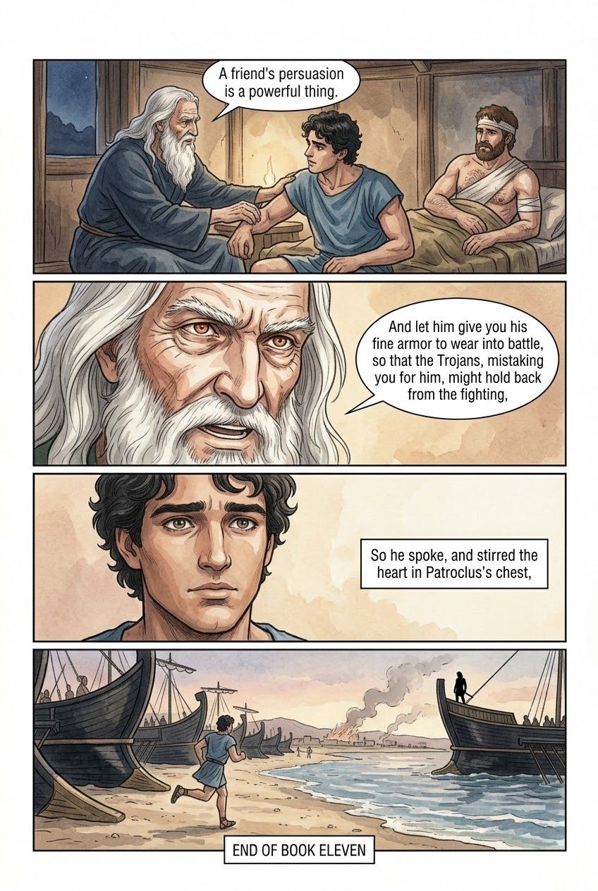 The Iliad, Book 11, manga page 5 of 5: Agamemnon is wounded, Paris shoots Diomedes, and Nestor sends Patroclus to Achilles.