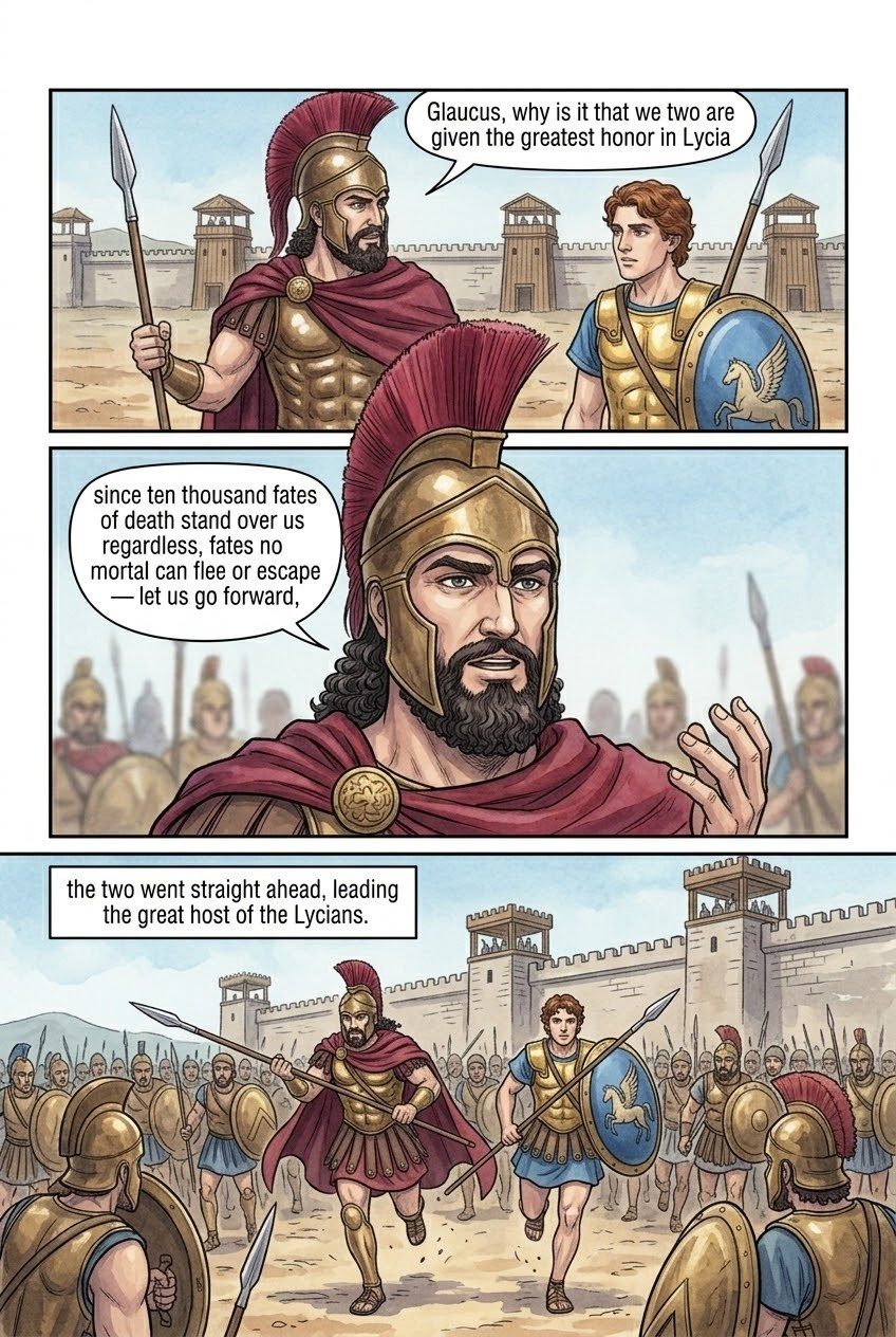 The Iliad, Book 12, manga page 2 of 3: The eagle and the serpent; Sarpedon speaks; Hector smashes the gate.