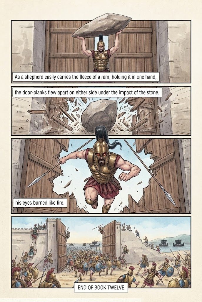 The Iliad, Book 12, manga page 3 of 3: The eagle and the serpent; Sarpedon speaks; Hector smashes the gate.