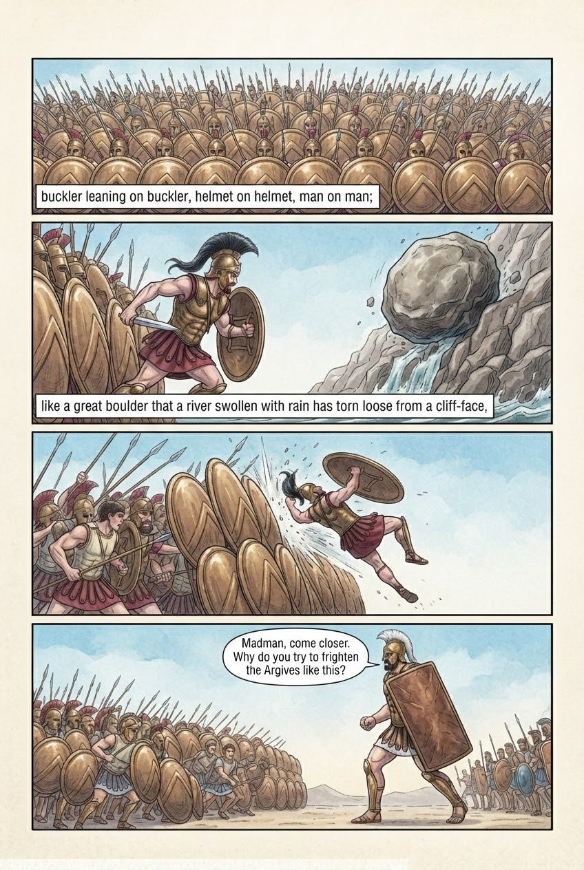 The Iliad, Book 13, manga page 2 of 3: Poseidon rouses the Greeks; Hector charges like a boulder.