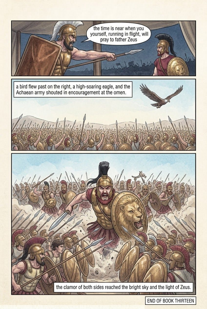 The Iliad, Book 13, manga page 3 of 3: Poseidon rouses the Greeks; Hector charges like a boulder.