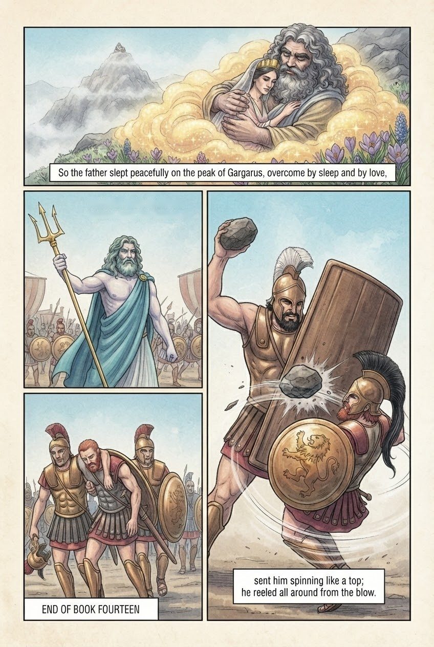 The Iliad, Book 14, manga page 2 of 2: Hera lulls Zeus to sleep, and Ajax fells Hector with a stone.