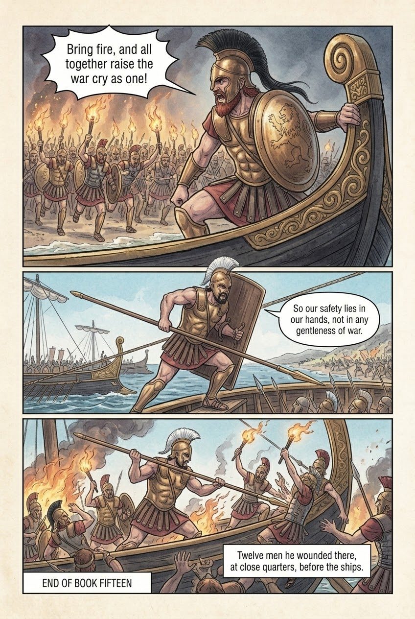 The Iliad, Book 15, manga page 2 of 2: Zeus wakes; Apollo knocks down the wall like a sandcastle; fire at the ships.