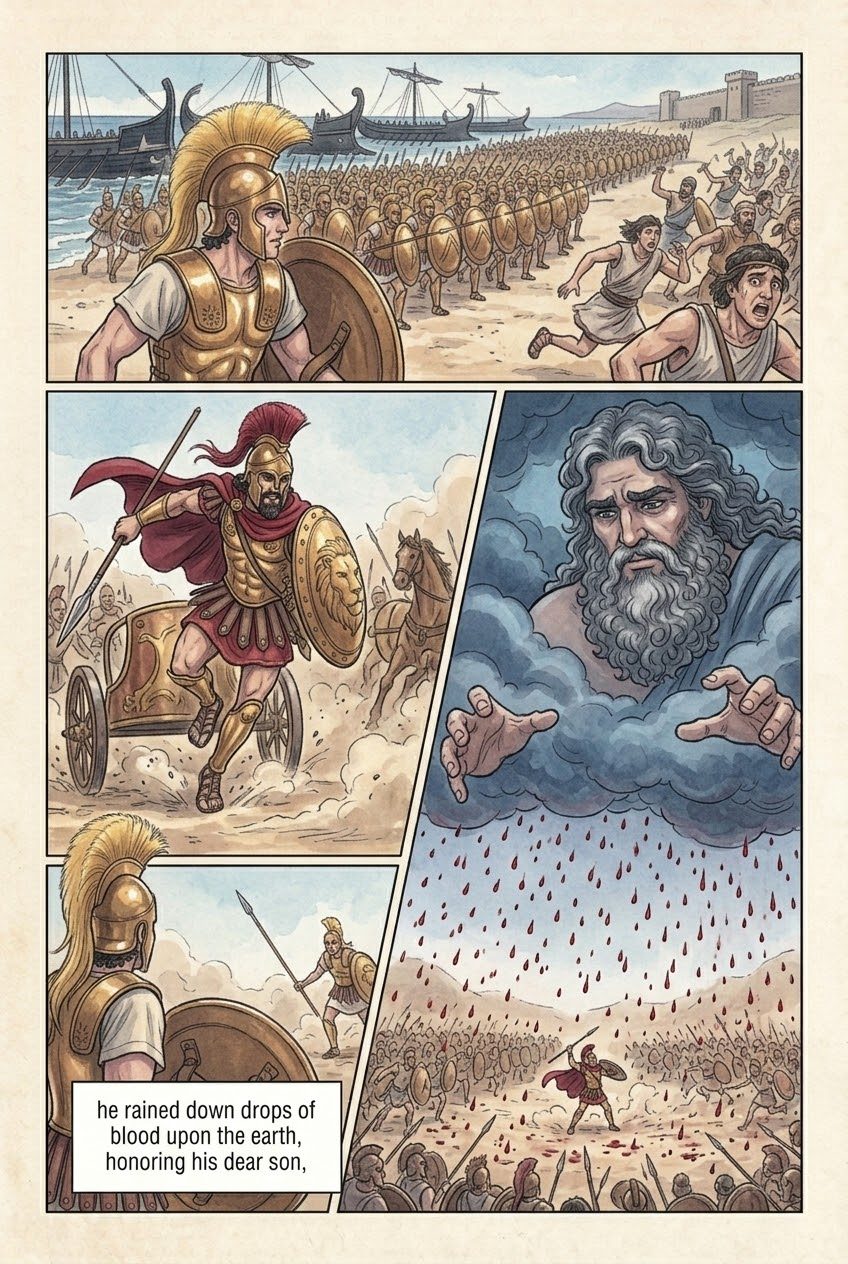 The Iliad, Book 16, manga page 2 of 5: Patroclus fights in Achilles' armor, kills Sarpedon, and is killed by Hector.