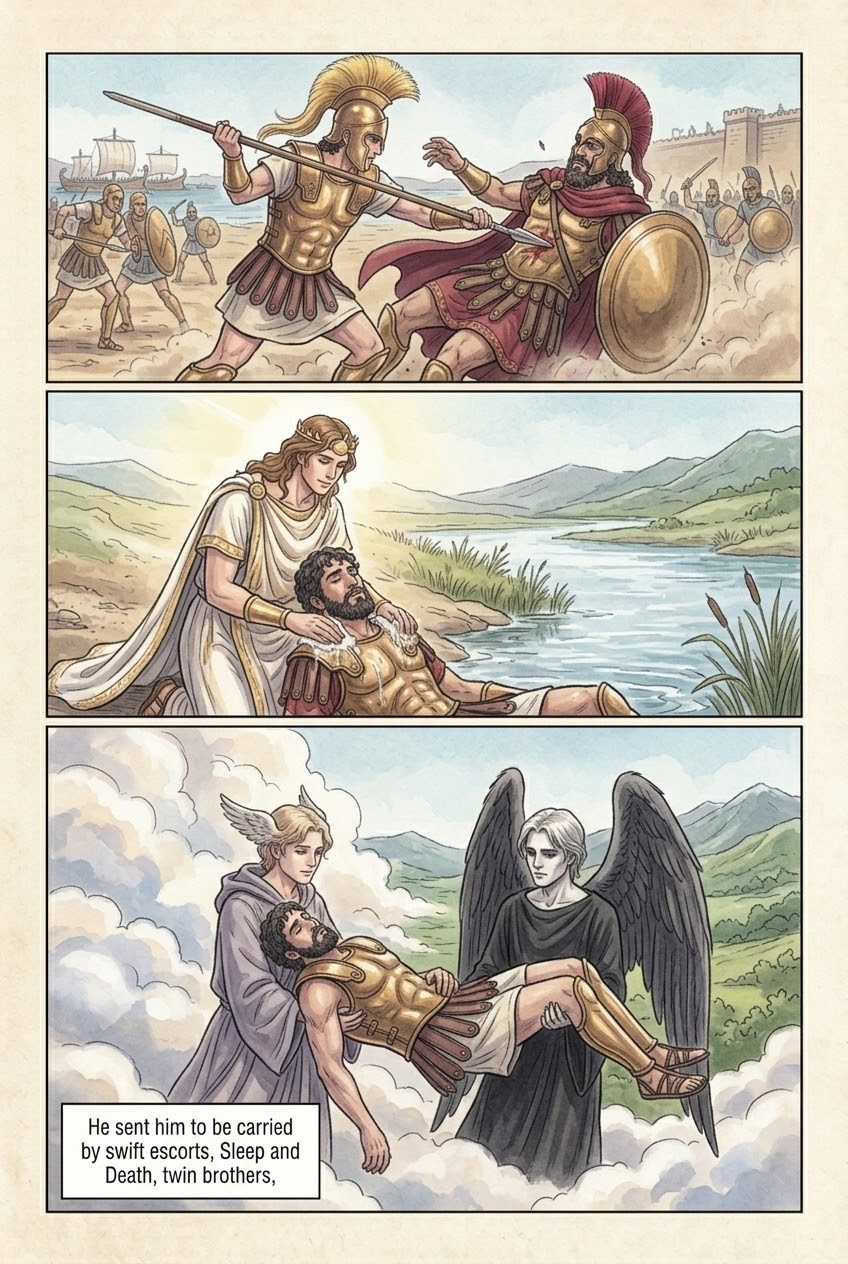 The Iliad, Book 16, manga page 3 of 5: Patroclus fights in Achilles' armor, kills Sarpedon, and is killed by Hector.