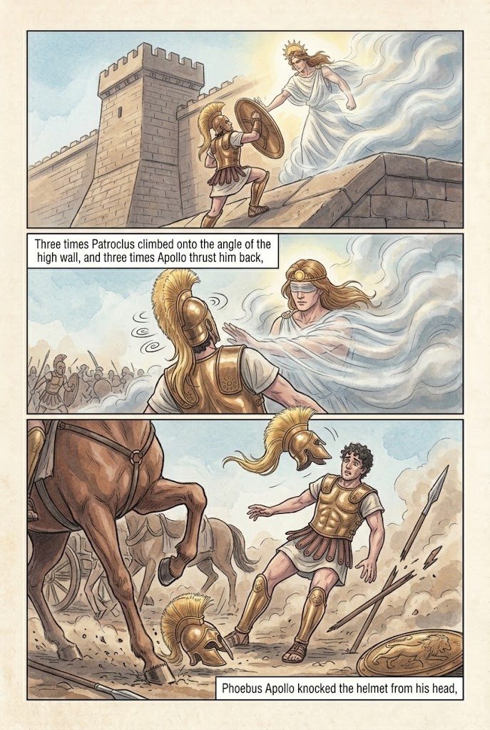 The Iliad, Book 16, manga page 4 of 5: Patroclus fights in Achilles' armor, kills Sarpedon, and is killed by Hector.