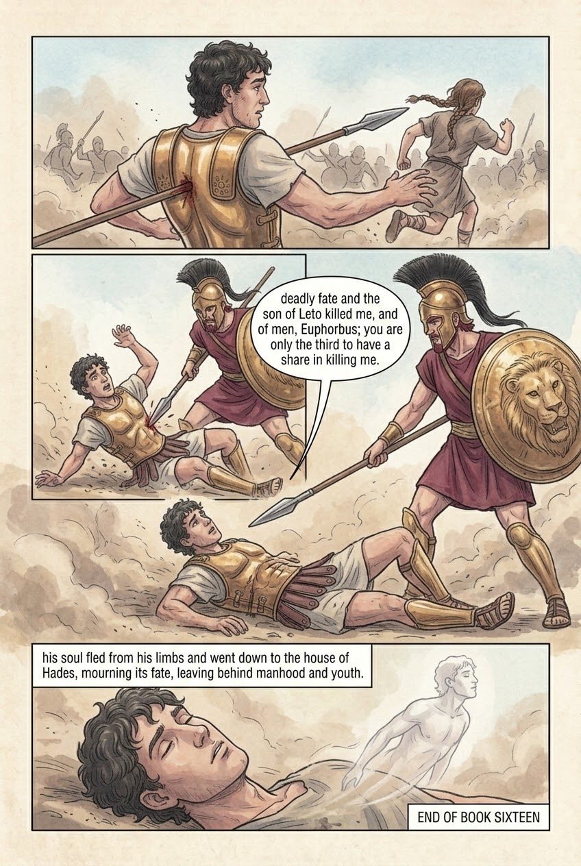 The Iliad, Book 16, manga page 5 of 5: Patroclus fights in Achilles' armor, kills Sarpedon, and is killed by Hector.