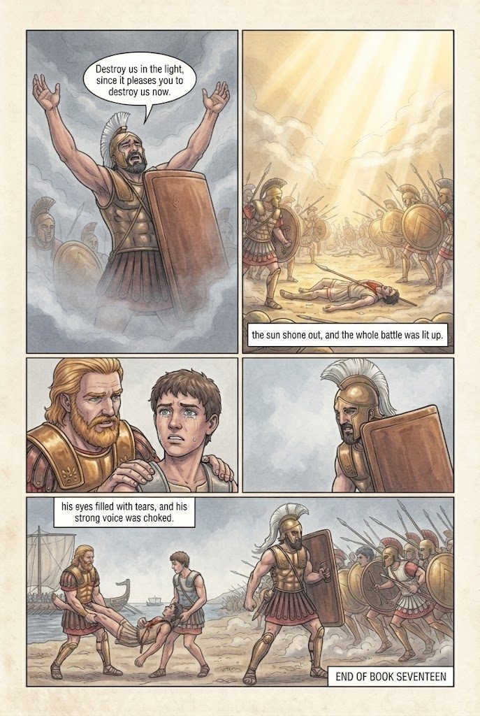 The Iliad, Book 17, manga page 2 of 2: The fight over Patroclus' body; the immortal horses of Achilles weep.
