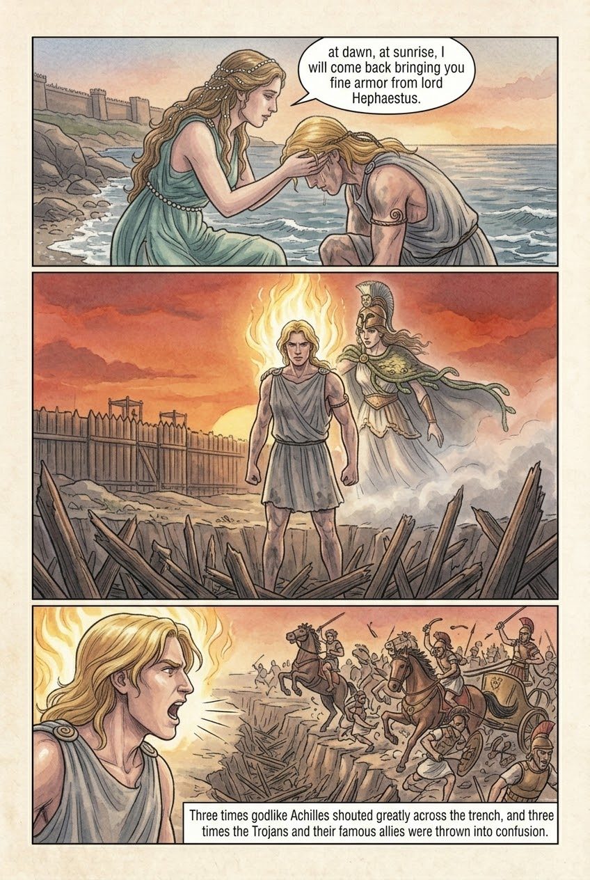 The Iliad, Book 18, manga page 2 of 4: Achilles' grief, his war cry at the trench, and the Shield of Achilles.