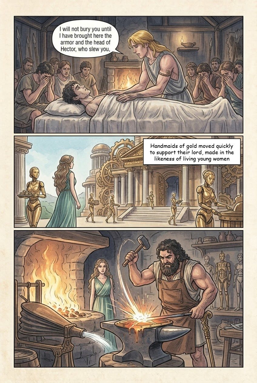 The Iliad, Book 18, manga page 3 of 4: Achilles' grief, his war cry at the trench, and the Shield of Achilles.