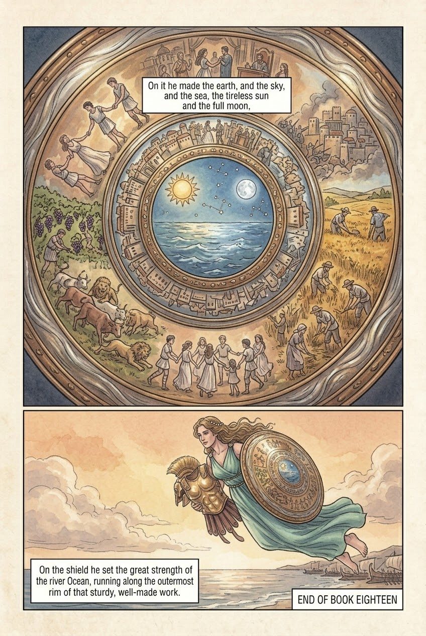 The Iliad, Book 18, manga page 4 of 4: Achilles' grief, his war cry at the trench, and the Shield of Achilles.