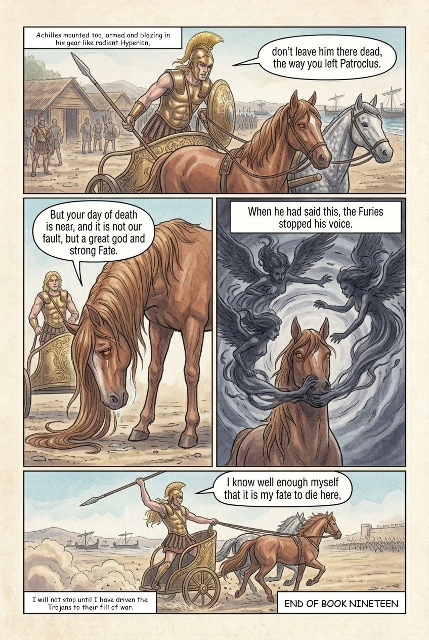 The Iliad, Book 19, manga page 2 of 2: Achilles arms, and his horse Xanthus speaks of his death.