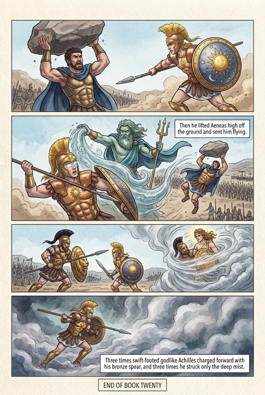 The Iliad, Book 20, manga page 2 of 2: The gods go to war; Poseidon saves Aeneas; Apollo hides Hector in mist.