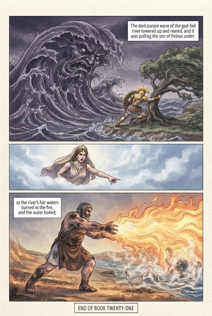 The Iliad, Book 21, manga page 2 of 2: Achilles fights the river Scamander, and Hephaestus sets the water boiling.