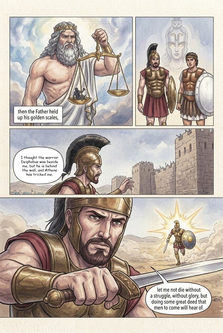 The Iliad, Book 22, manga page 2 of 3: Achilles chases Hector three times around Troy and kills him.
