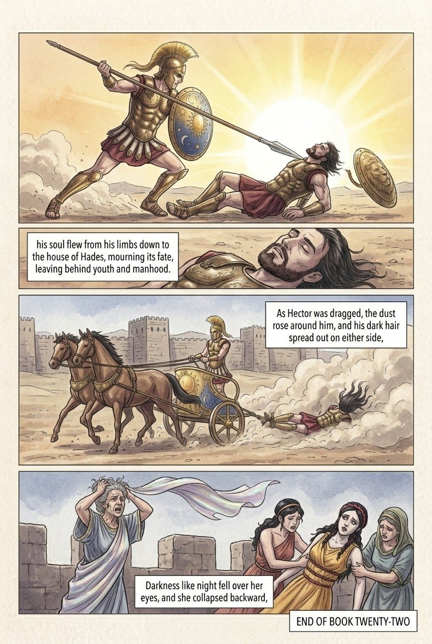 The Iliad, Book 22, manga page 3 of 3: Achilles chases Hector three times around Troy and kills him.