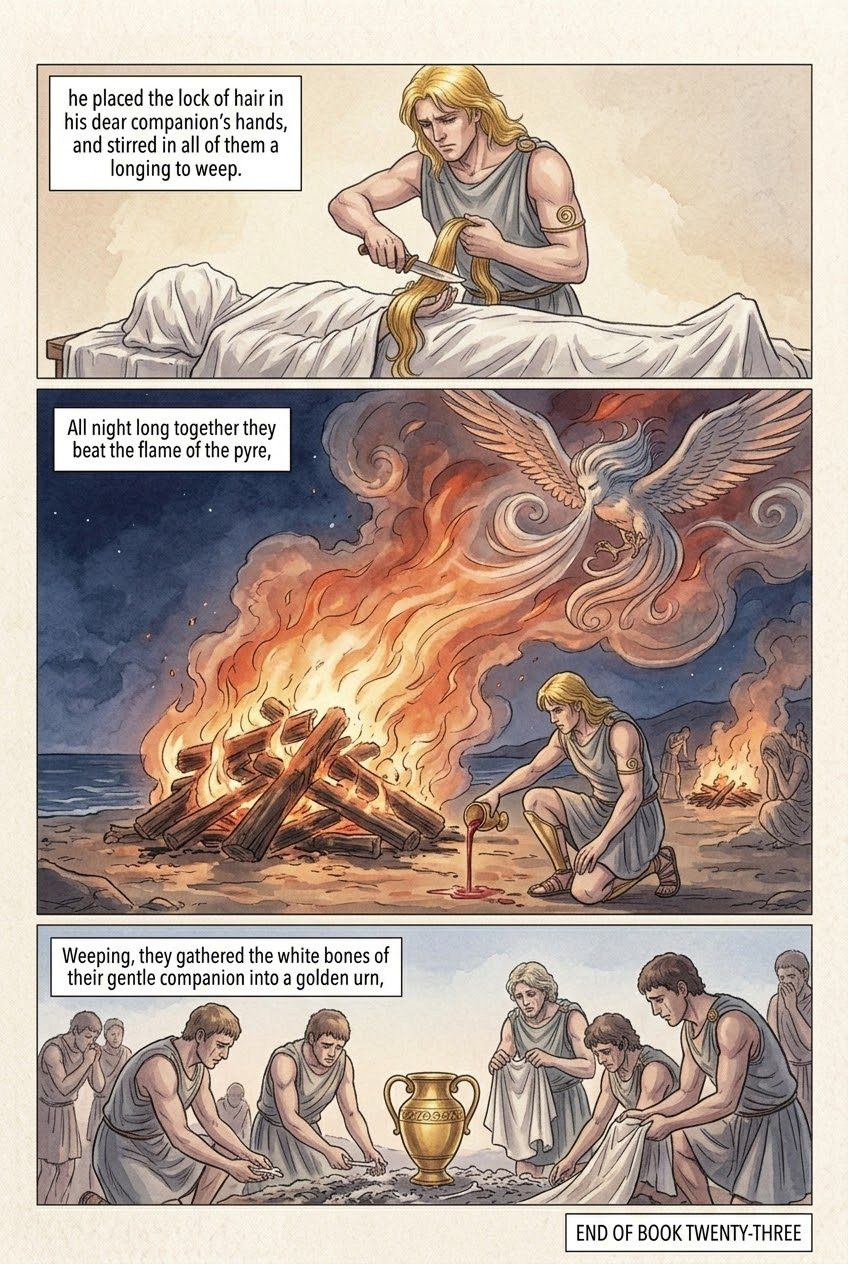 The Iliad, Book 23, manga page 2 of 2: The ghost of Patroclus, the lock of hair, and the funeral pyre.