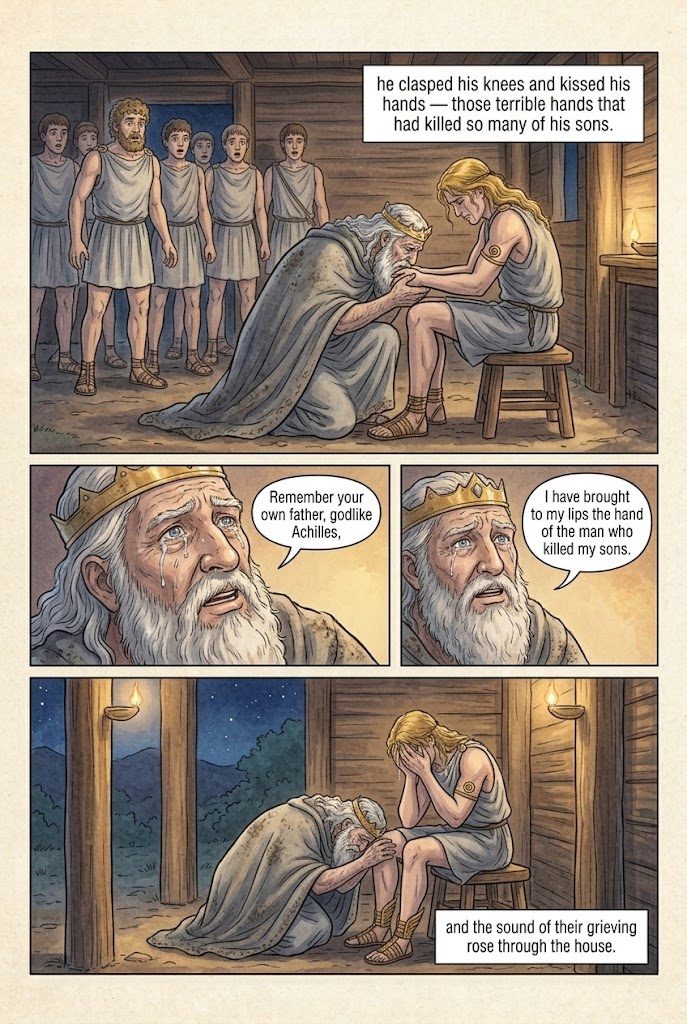 The Iliad, Book 24, manga page 2 of 3: Priam kisses the hands of Achilles, and Troy buries Hector, tamer of horses.