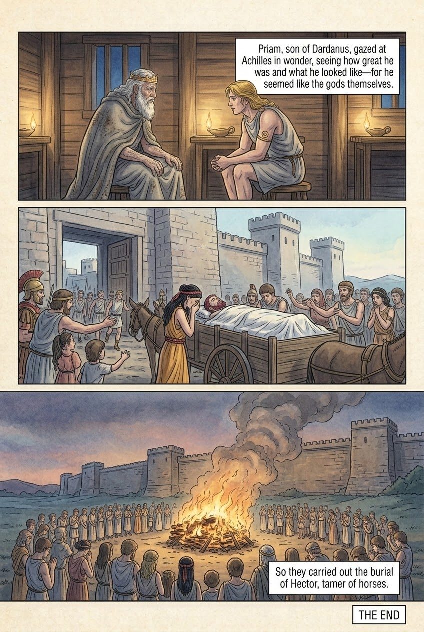 The Iliad, Book 24, manga page 3 of 3: Priam kisses the hands of Achilles, and Troy buries Hector, tamer of horses.