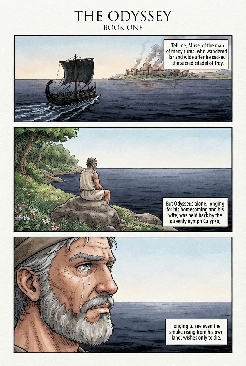 The Odyssey, Book 1, manga page 1 of 4: The gods take pity on Odysseus; Athena, as Mentes, stirs Telemachus against the suitors.