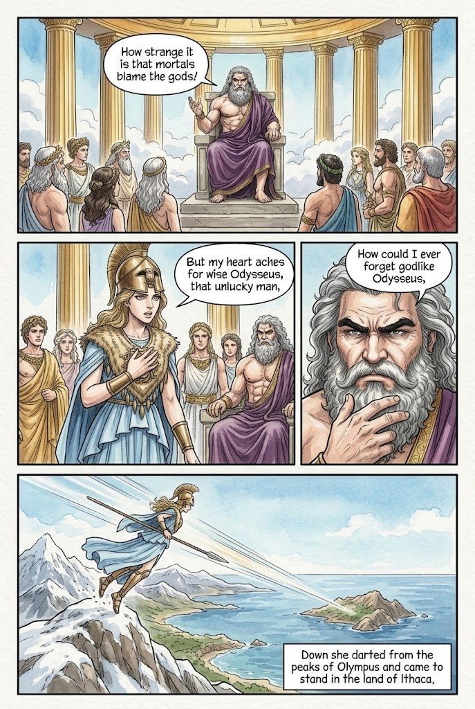 The Odyssey, Book 1, manga page 2 of 4: The gods take pity on Odysseus; Athena, as Mentes, stirs Telemachus against the suitors.