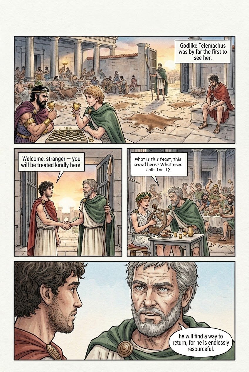 The Odyssey, Book 1, manga page 3 of 4: The gods take pity on Odysseus; Athena, as Mentes, stirs Telemachus against the suitors.