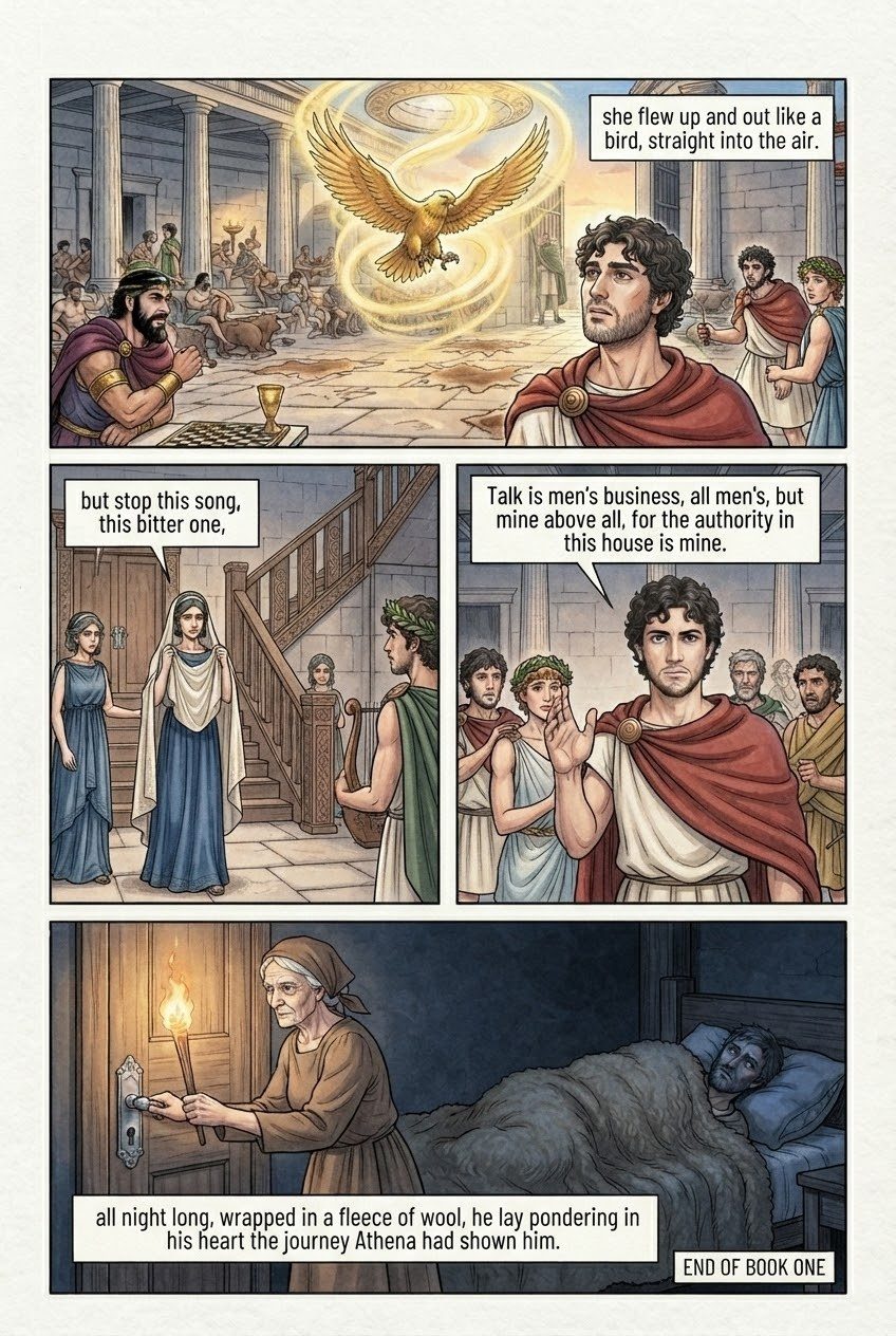 The Odyssey, Book 1, manga page 4 of 4: The gods take pity on Odysseus; Athena, as Mentes, stirs Telemachus against the suitors.