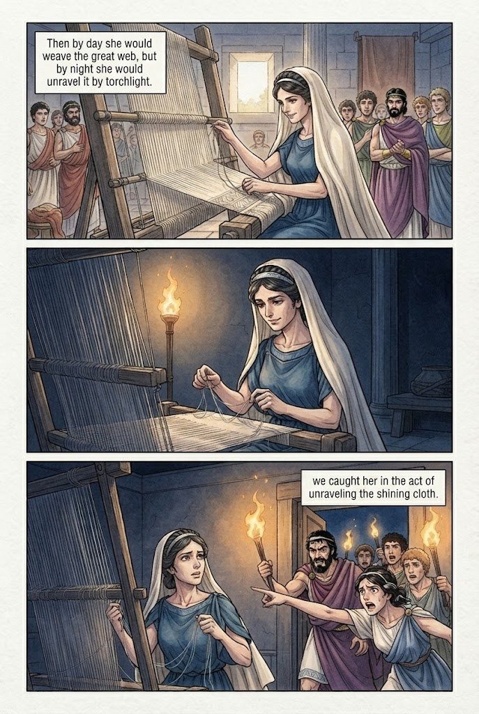 The Odyssey, Book 2, manga page 2 of 4: The assembly on Ithaca, Penelope's loom, the two eagles, and Telemachus sails at night.