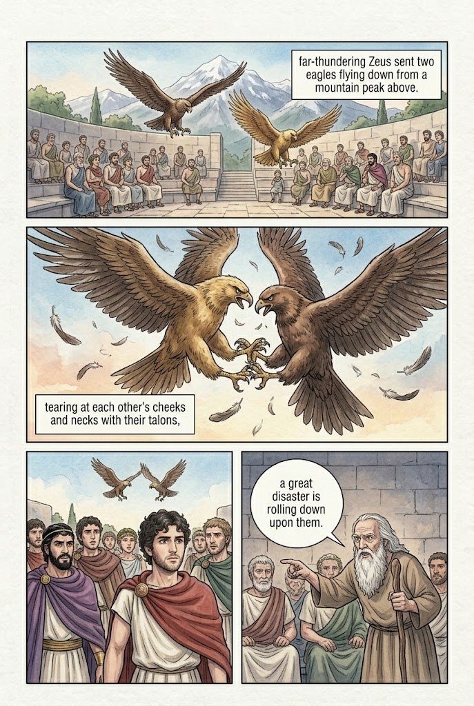 The Odyssey, Book 2, manga page 3 of 4: The assembly on Ithaca, Penelope's loom, the two eagles, and Telemachus sails at night.