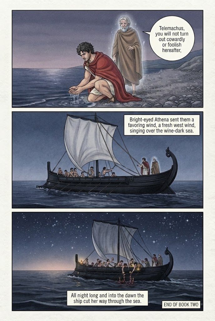 The Odyssey, Book 2, manga page 4 of 4: The assembly on Ithaca, Penelope's loom, the two eagles, and Telemachus sails at night.