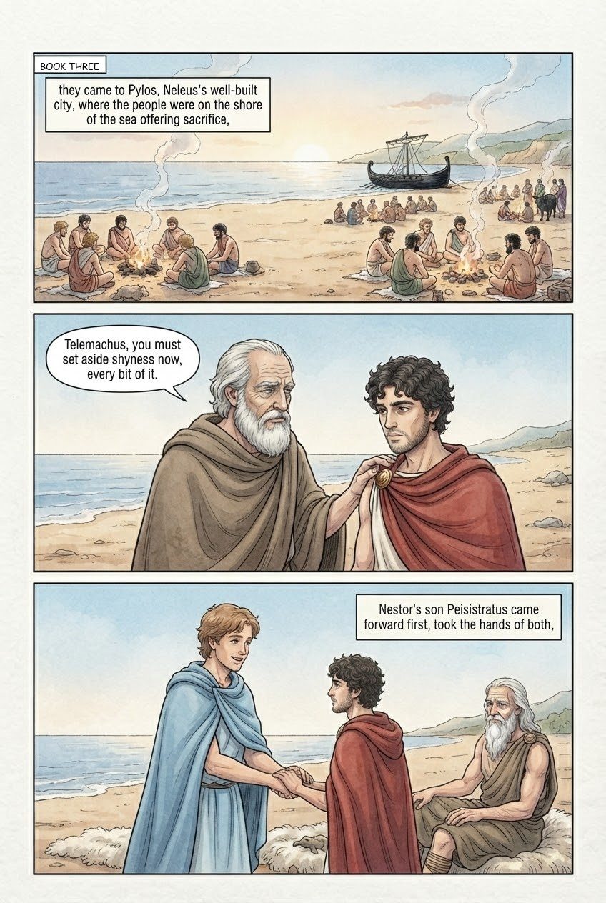 The Odyssey, Book 3, manga page 1 of 3: Telemachus at Pylos with old Nestor; Athena flies off as a sea-eagle.
