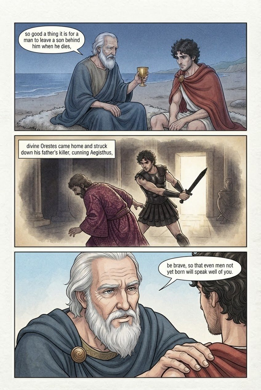The Odyssey, Book 3, manga page 2 of 3: Telemachus at Pylos with old Nestor; Athena flies off as a sea-eagle.