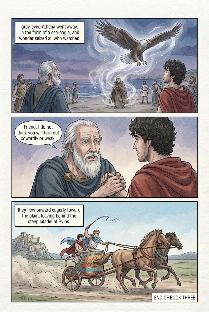 The Odyssey, Book 3, manga page 3 of 3: Telemachus at Pylos with old Nestor; Athena flies off as a sea-eagle.