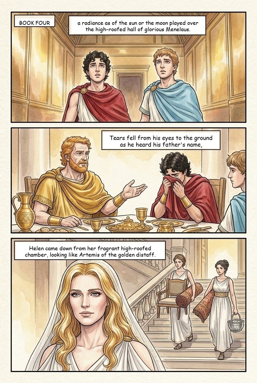 The Odyssey, Book 4, manga page 1 of 5: Sparta: Menelaus and Helen, Proteus the shape-shifter, and the suitors' ambush.