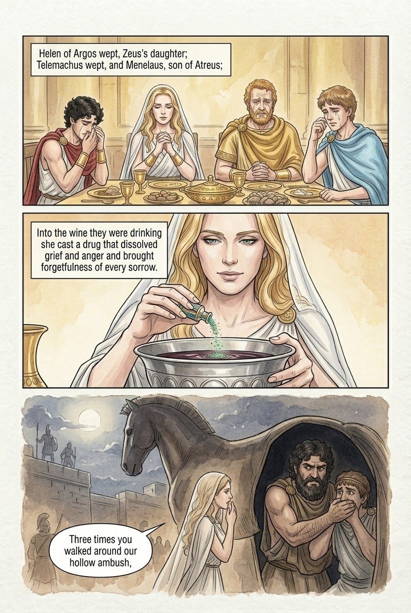 The Odyssey, Book 4, manga page 2 of 5: Sparta: Menelaus and Helen, Proteus the shape-shifter, and the suitors' ambush.