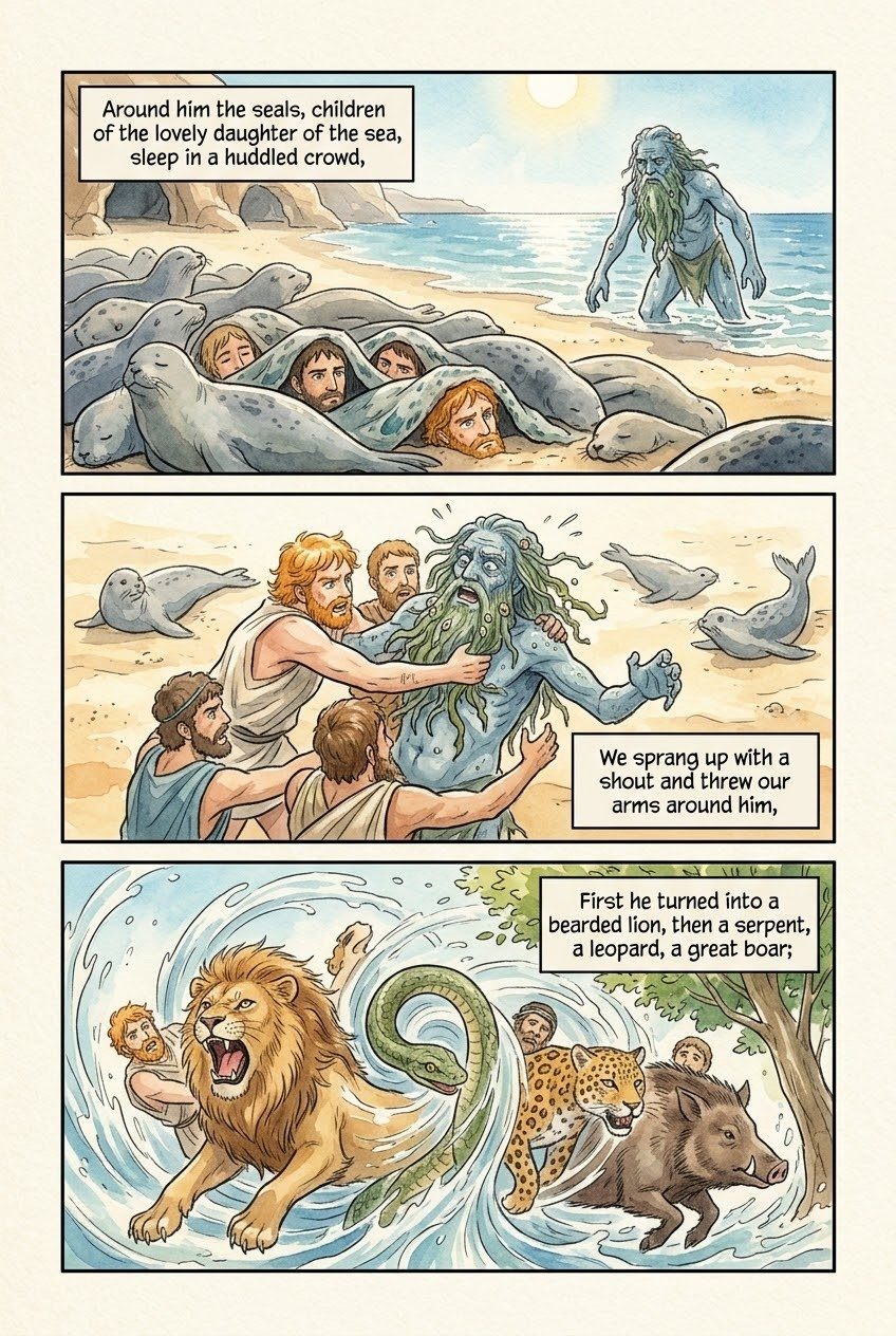 The Odyssey, Book 4, manga page 3 of 5: Sparta: Menelaus and Helen, Proteus the shape-shifter, and the suitors' ambush.