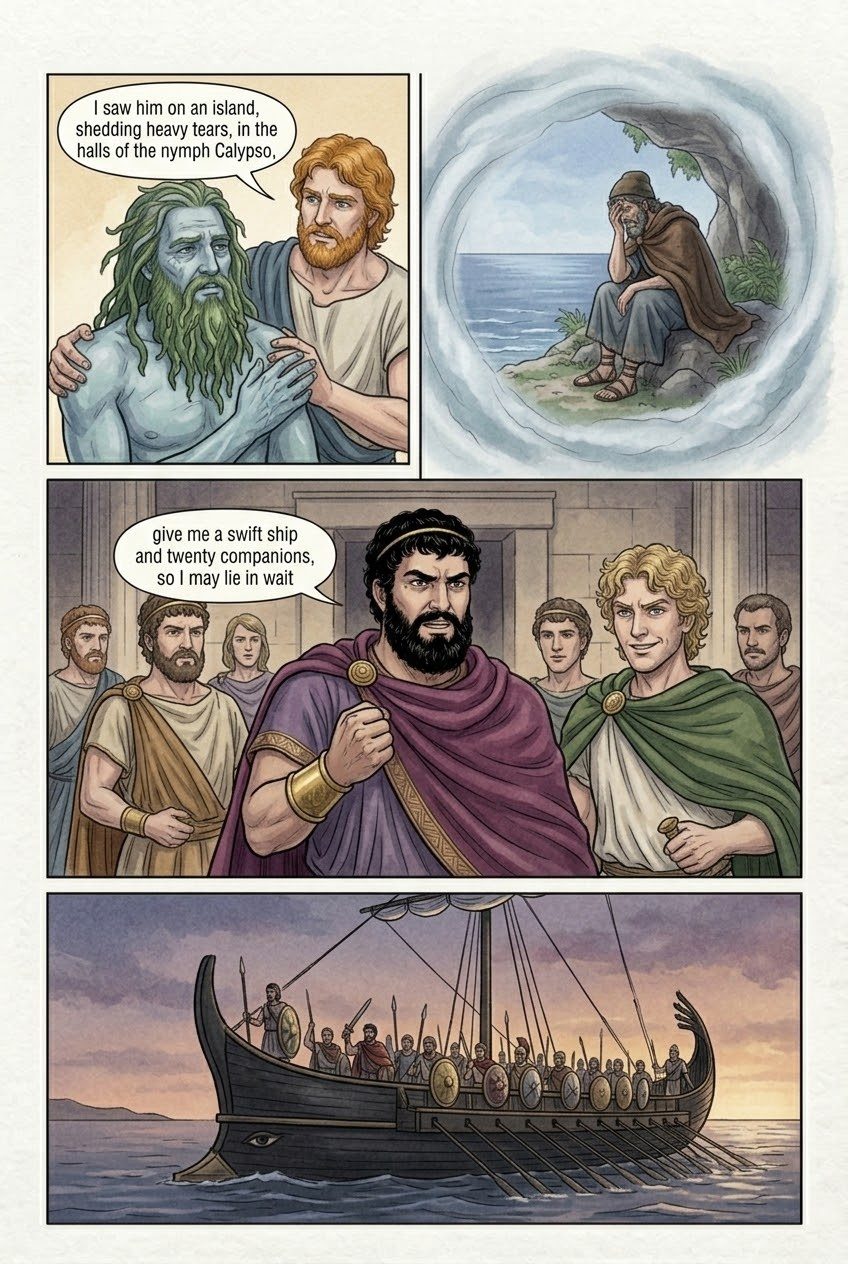 The Odyssey, Book 4, manga page 4 of 5: Sparta: Menelaus and Helen, Proteus the shape-shifter, and the suitors' ambush.