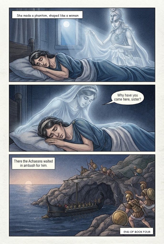 The Odyssey, Book 4, manga page 5 of 5: Sparta: Menelaus and Helen, Proteus the shape-shifter, and the suitors' ambush.
