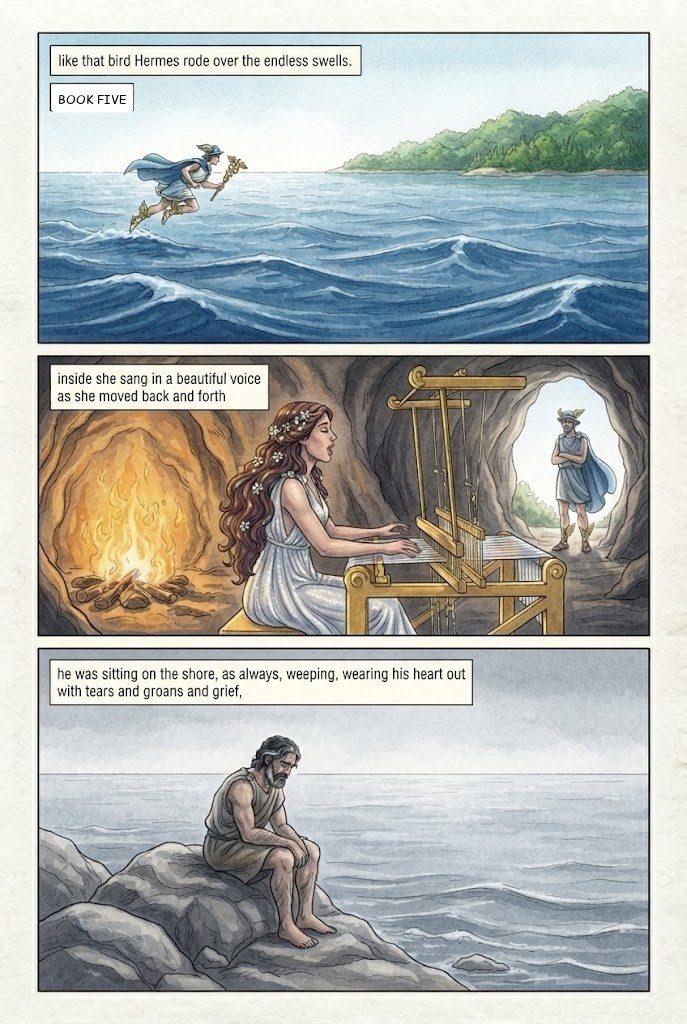 The Odyssey, Book 5, manga page 1 of 4: Hermes frees Odysseus from Calypso; Poseidon's storm wrecks his raft; Ino's veil.