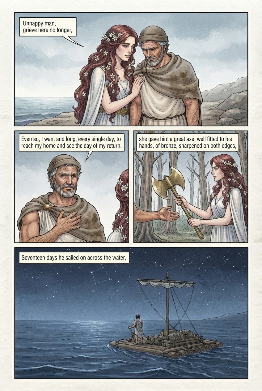 The Odyssey, Book 5, manga page 2 of 4: Hermes frees Odysseus from Calypso; Poseidon's storm wrecks his raft; Ino's veil.