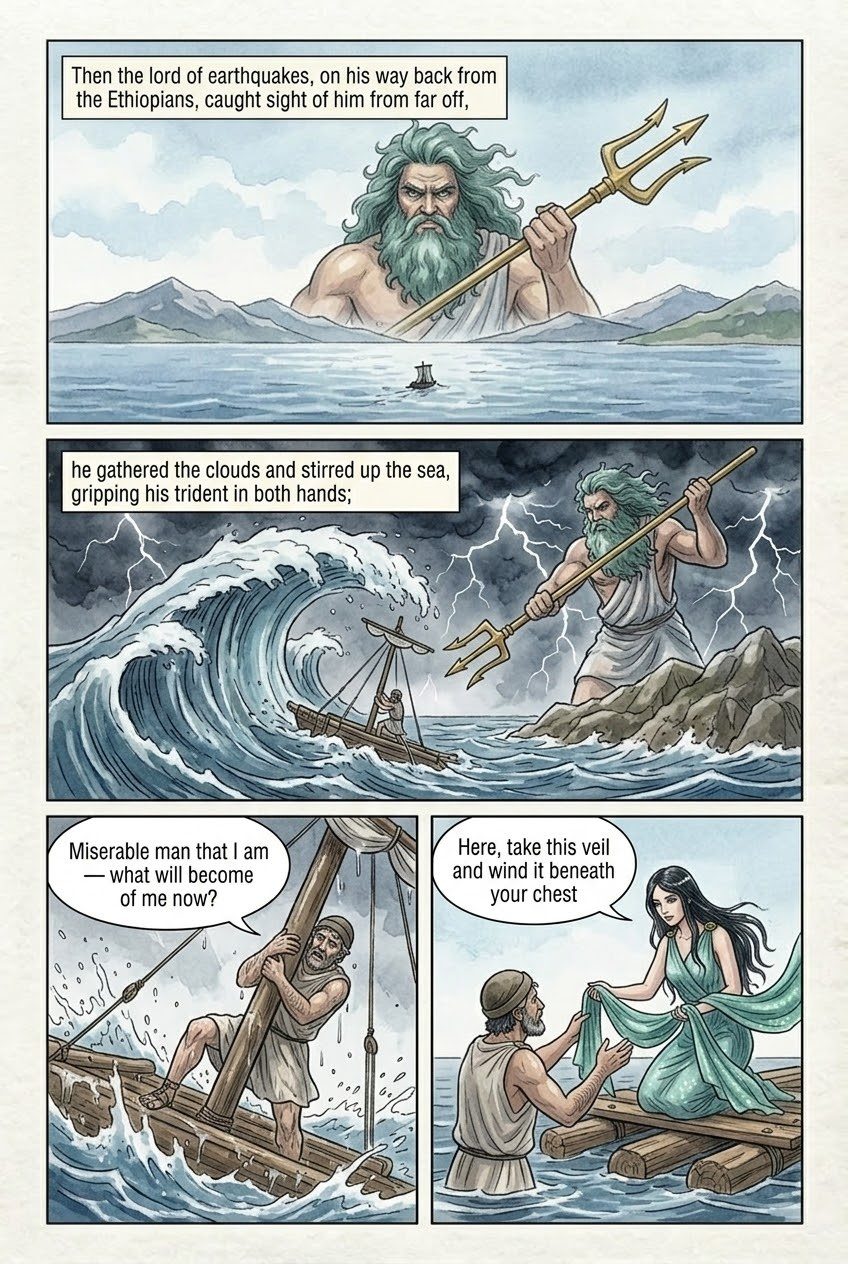 The Odyssey, Book 5, manga page 3 of 4: Hermes frees Odysseus from Calypso; Poseidon's storm wrecks his raft; Ino's veil.
