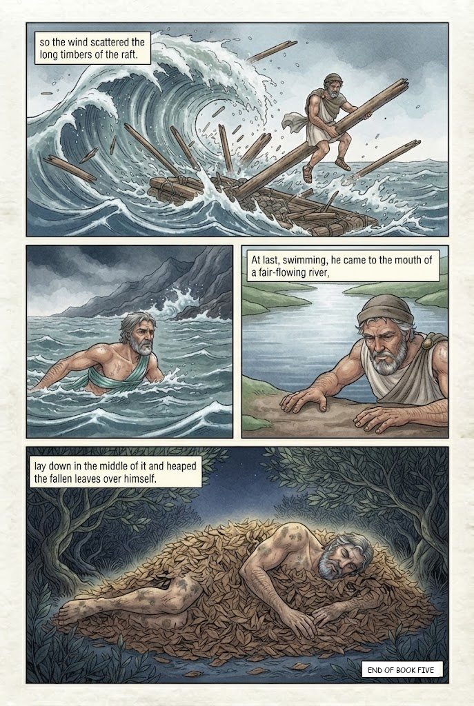 The Odyssey, Book 5, manga page 4 of 4: Hermes frees Odysseus from Calypso; Poseidon's storm wrecks his raft; Ino's veil.