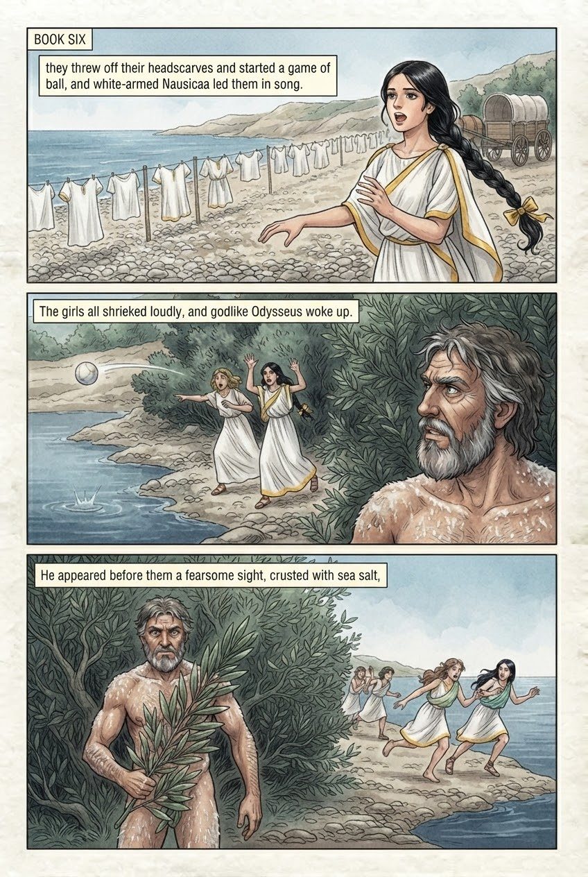 The Odyssey, Book 6, manga page 1 of 3: Nausicaa finds Odysseus on the shore of the Phaeacians.