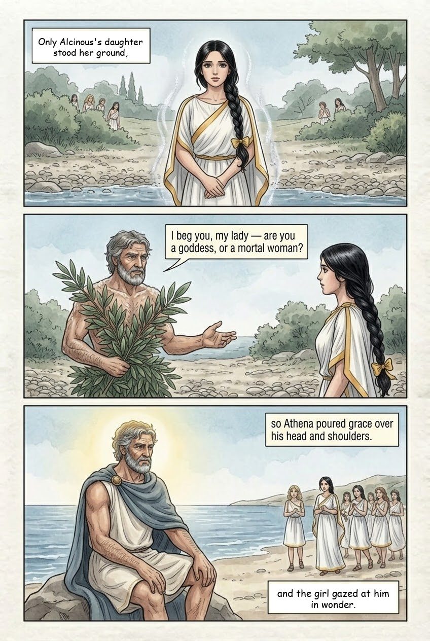 The Odyssey, Book 6, manga page 2 of 3: Nausicaa finds Odysseus on the shore of the Phaeacians.