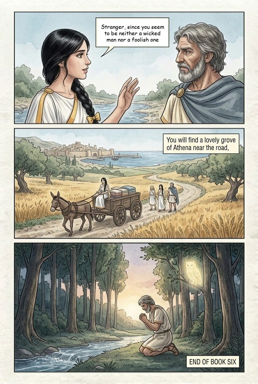 The Odyssey, Book 6, manga page 3 of 3: Nausicaa finds Odysseus on the shore of the Phaeacians.