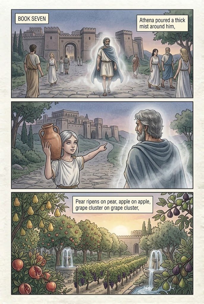 The Odyssey, Book 7, manga page 1 of 3: The palace of Alcinous and Queen Arete.